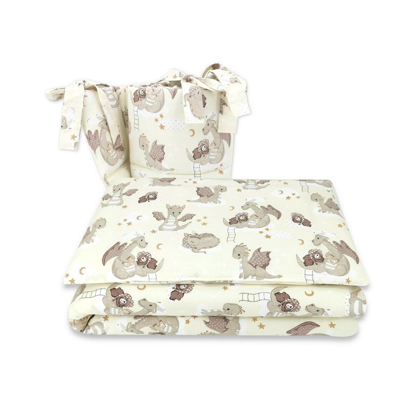 Qmini Lenjerie patut 3 piese cu protectie laterala din bumbac 140x70 cm Dragons Beige