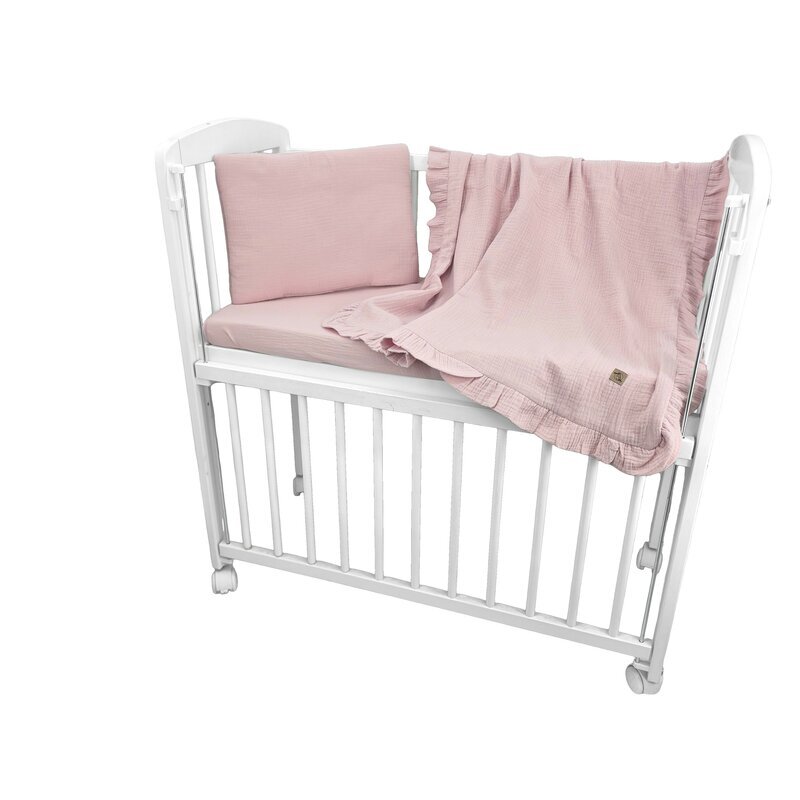 Qmini Lenjerie patut cu 3 piese Aurora Powder Pink pentru co-sleeper din muselina dubla material certificat Oeko Tex Standard 100