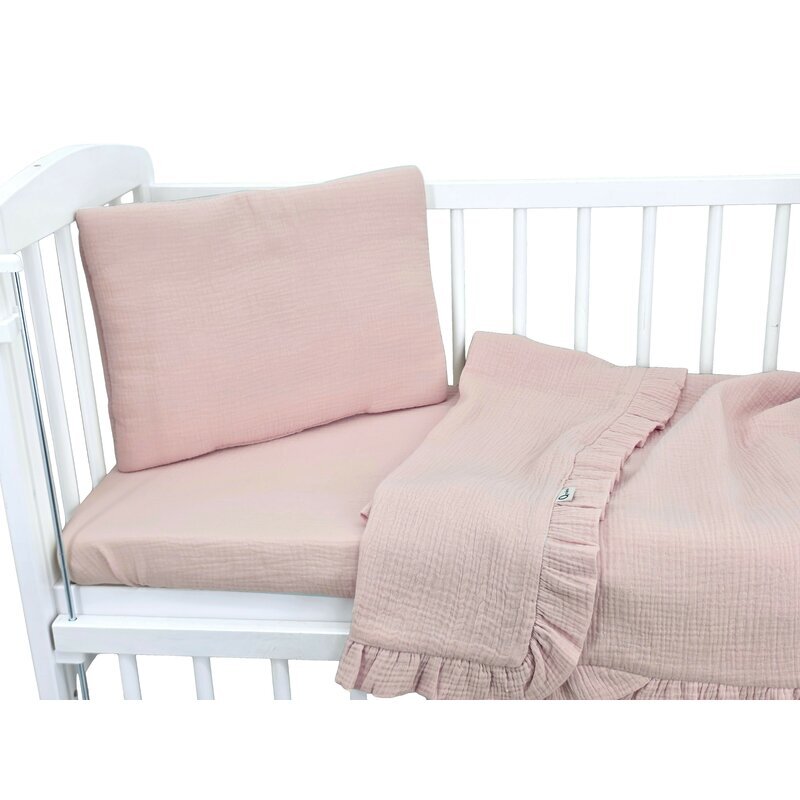 Qmini Lenjerie patut cu 3 piese Aurora Powder Pink pentru co-sleeper din muselina dubla material certificat Oeko Tex Standard 100