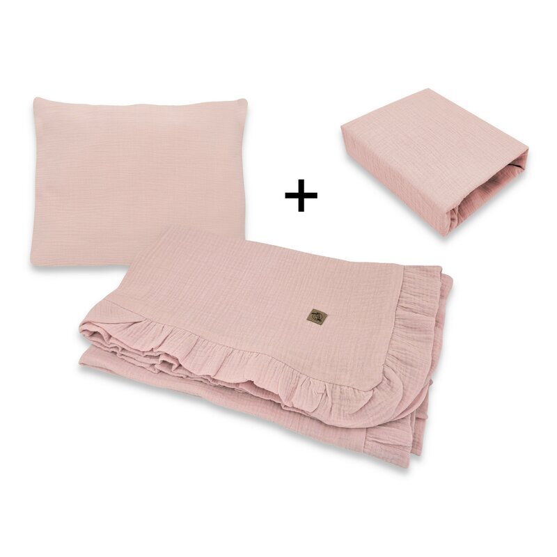 Qmini Lenjerie patut cu 3 piese Aurora Powder Pink pentru co-sleeper din muselina dubla material certificat Oeko Tex Standard 100