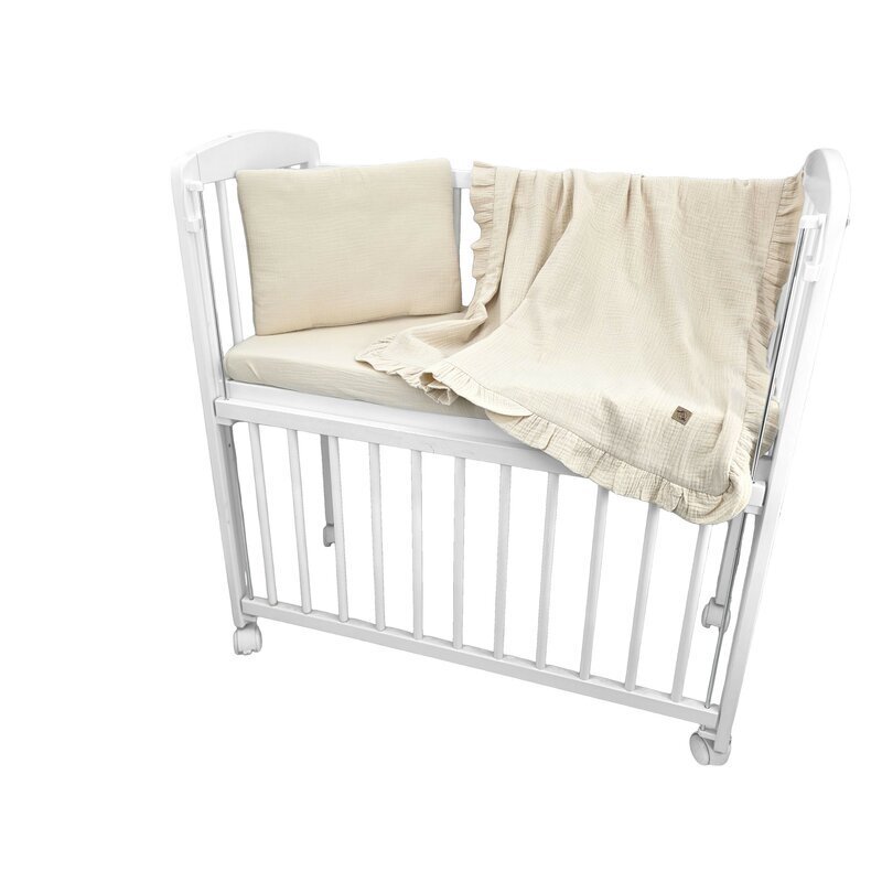 Qmini Lenjerie patut cu 3 piese Aurora Warm Beige pentru co-sleeper din muselina dubla material certificat Oeko Tex Standard 100