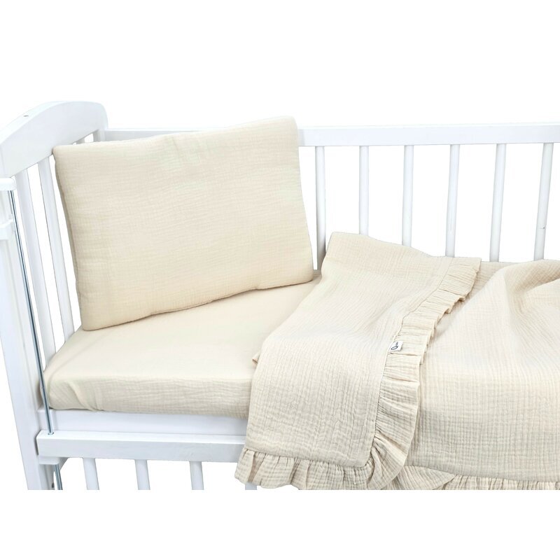 Qmini Lenjerie patut cu 3 piese Aurora Warm Beige pentru co-sleeper din muselina dubla material certificat Oeko Tex Standard 100