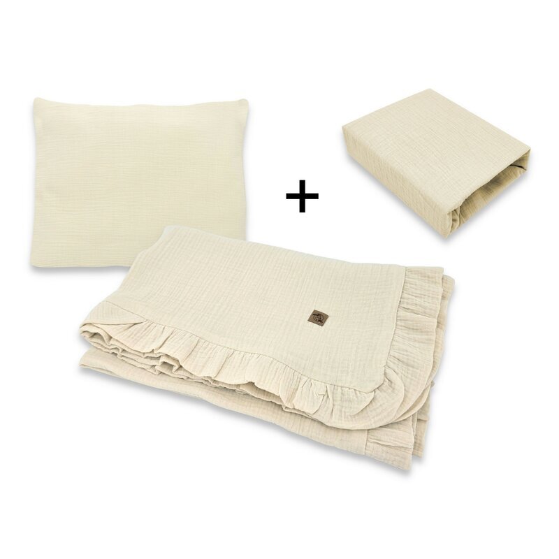 Qmini Lenjerie patut cu 3 piese Aurora Warm Beige pentru co-sleeper din muselina dubla material certificat Oeko Tex Standard 100