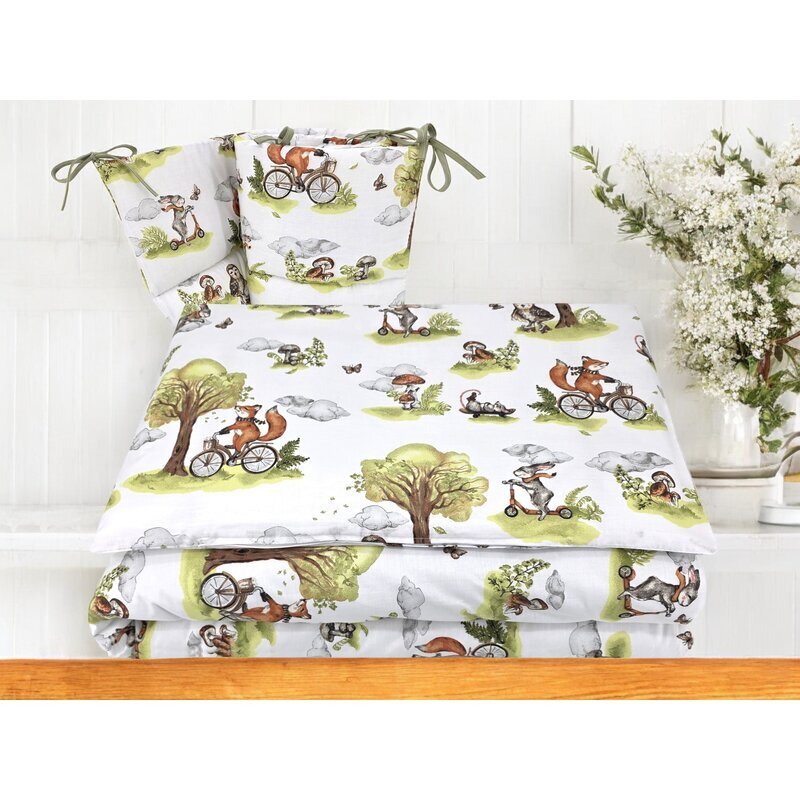 Qmini Lenjerie pentru patut Fox on bikes Natural cu 3 piese 120x60 cm protectie laterala din bumbac