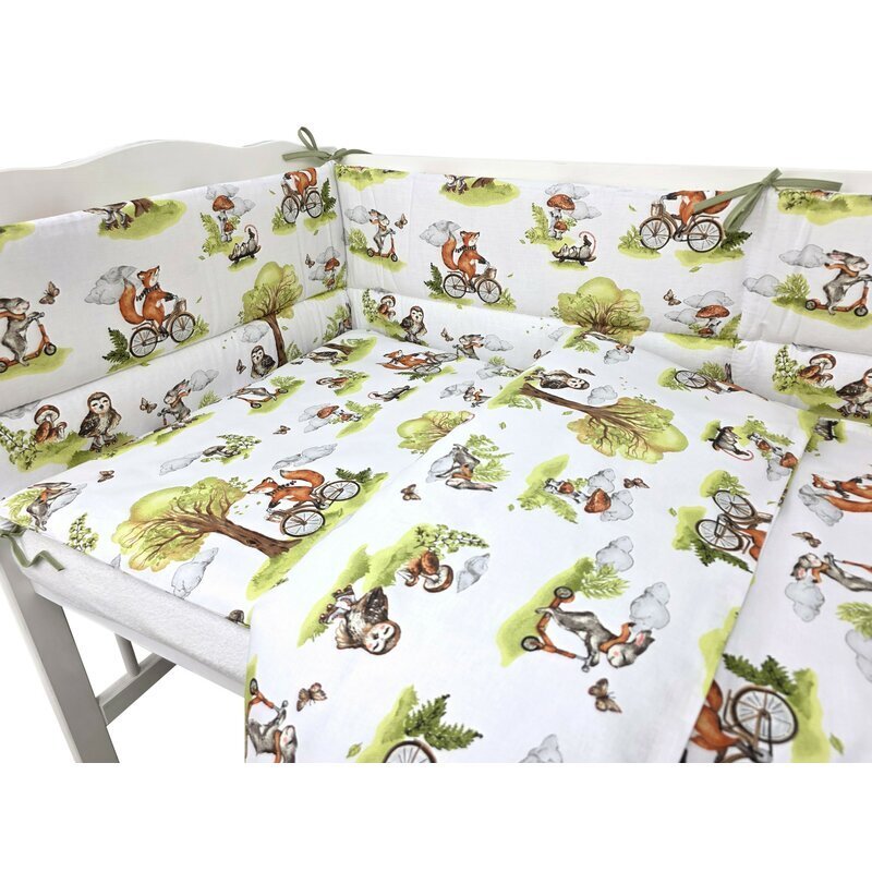 Qmini Lenjerie pentru patut Fox on bikes Natural cu 3 piese 120x60 cm protectie laterala din bumbac