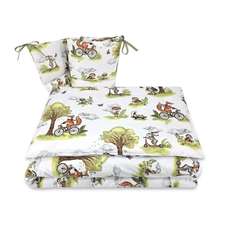 Qmini Lenjerie pentru patut Fox on bikes Natural cu 3 piese 120x60 cm protectie laterala din bumbac
