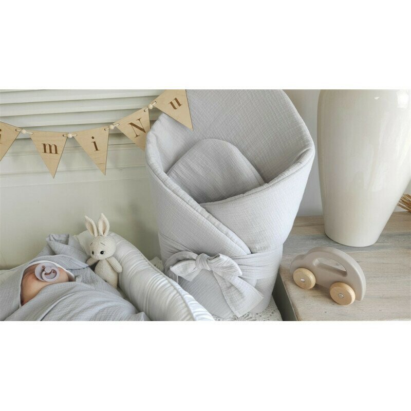 Qmini Paturica de infasat Gray din muselina dubla inchidere cu panglica 75x75 cm