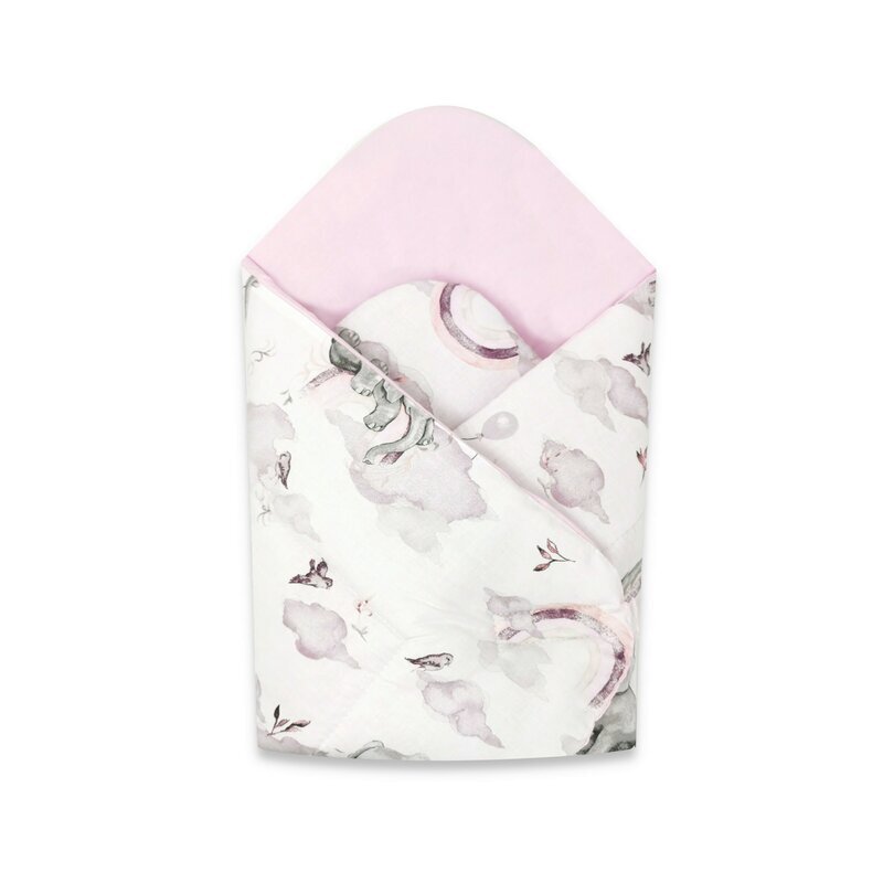 Qmini Paturica de infasat multifunctionala 75x75 cm din bumbac Elephants on Rainbow Pink