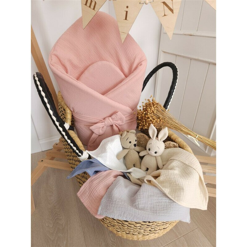Qmini Paturica de infasat Powder Pink din muselina dubla inchidere cu panglica 75x75 cm