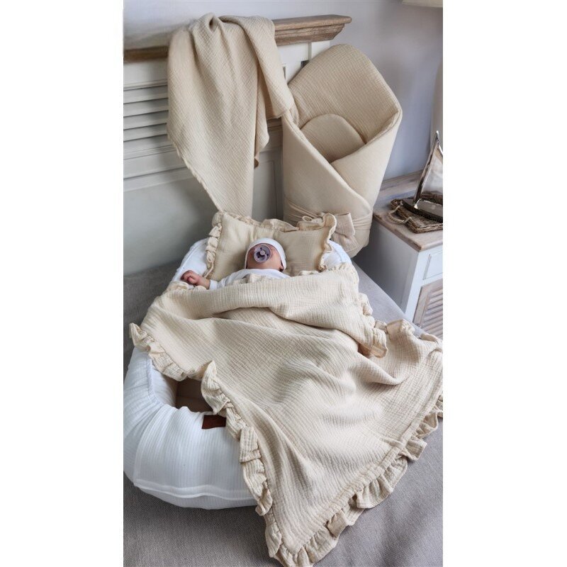 Qmini Paturica de infasat Warm Beige din muselina dubla inchidere cu panglica 75x75 cm