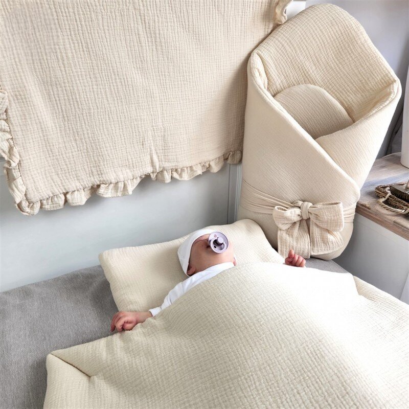 Qmini Paturica de infasat Warm Beige din muselina dubla inchidere cu panglica 75x75 cm