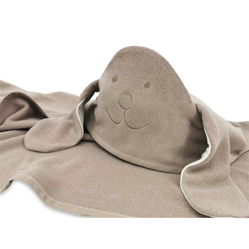 Qmini Prosop cu gluga Eared Bear Mocha cu broderie si urechi 100x100 cm din tricot termo-terry din bambus