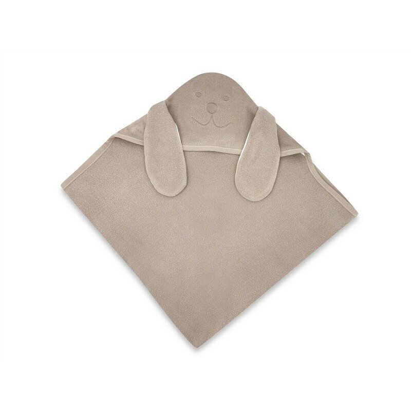 Qmini Prosop cu gluga Eared Bear Mocha cu broderie si urechi 100x100 cm din tricot termo-terry din bambus