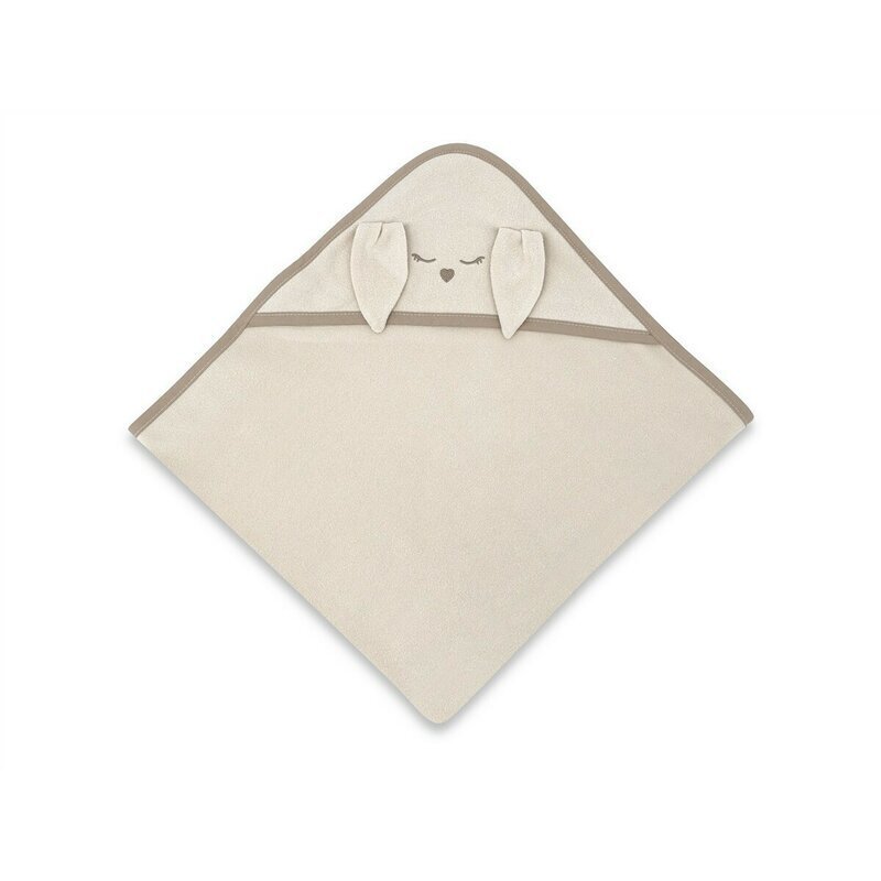 Qmini Prosop cu gluga Rabbit Beige cu broderie si urechi 100x100 cm din tricot termo-terry din bambus