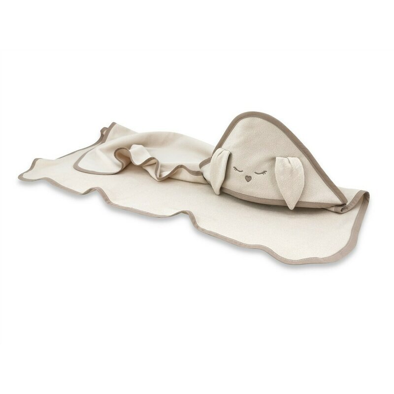 Qmini Prosop cu gluga Rabbit Beige cu broderie si urechi 100x100 cm din tricot termo-terry din bambus