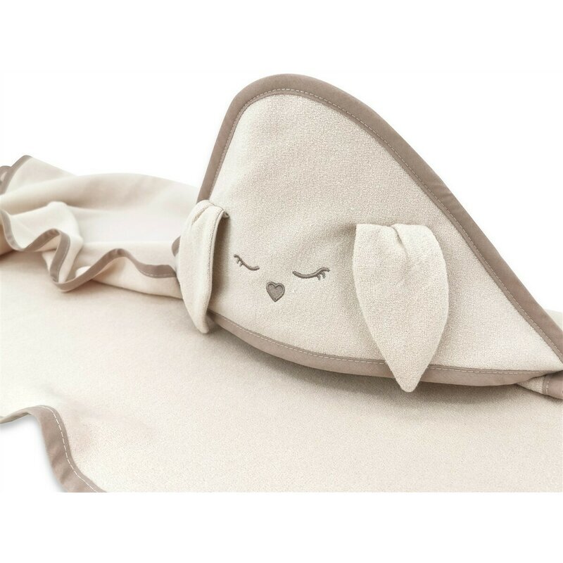 Qmini Prosop cu gluga Rabbit Beige cu broderie si urechi 100x100 cm din tricot termo-terry din bambus