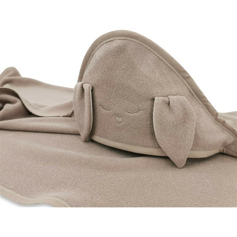 Qmini Prosop cu gluga Rabbit Mocha cu broderie si urechi 100x100 cm din tricot termo-terry din bambus