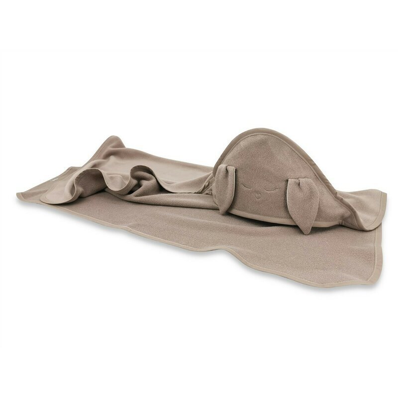 Qmini Prosop cu gluga Rabbit Mocha cu broderie si urechi 100x100 cm din tricot termo-terry din bambus