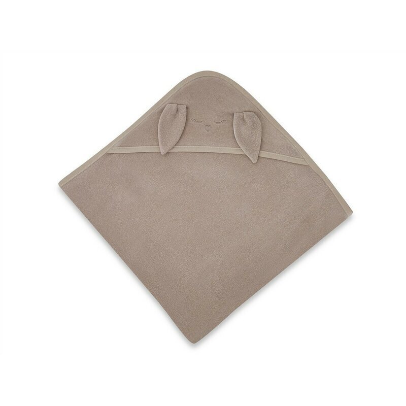 Qmini Prosop cu gluga Rabbit Mocha cu broderie si urechi 100x100 cm din tricot termo-terry din bambus