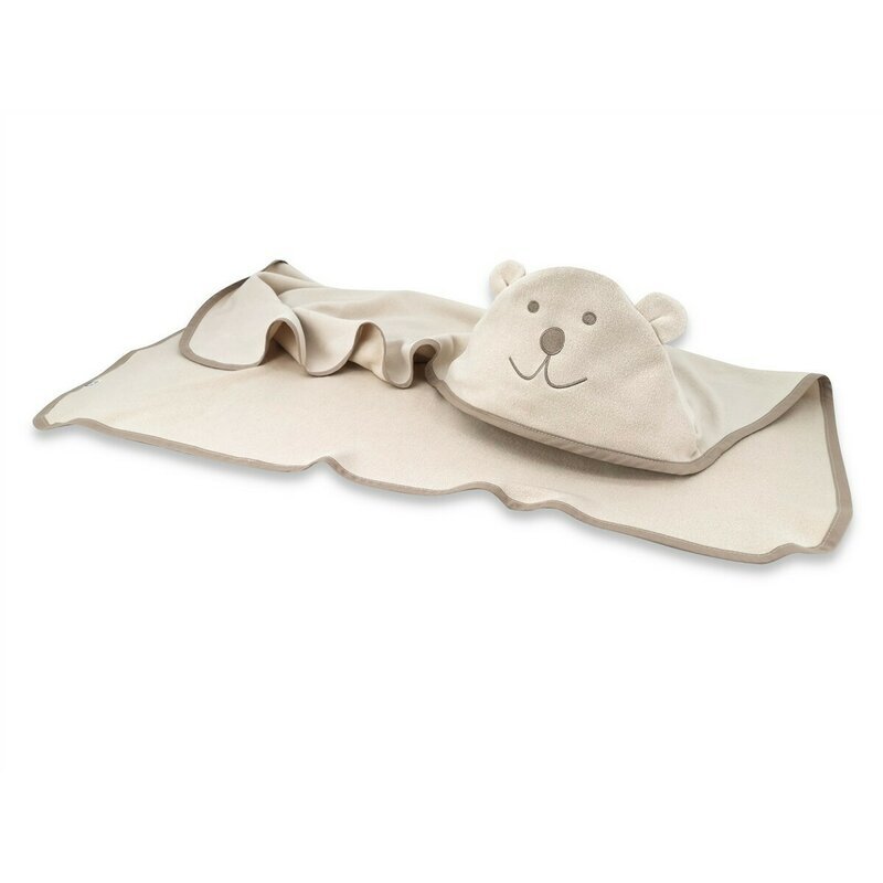 Qmini Prosop cu gluga Teddy Bear Beige cu broderie si urechi 100x100 cm din tricot termo-terry din bambus