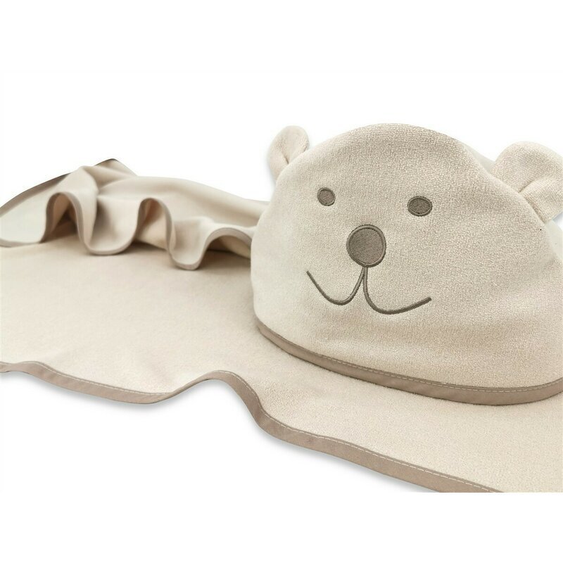 Qmini Prosop cu gluga Teddy Bear Beige cu broderie si urechi 100x100 cm din tricot termo-terry din bambus