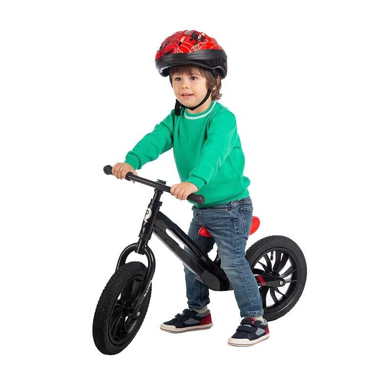 QPlay Bicicleta copii fara pedale Balance bike Racer negrurosu de la 3 ani pana la 30 kg cadru usor de magneziu reglabil sa comoda acoperita cu piele ecologica roti de cauciuc gonflabil