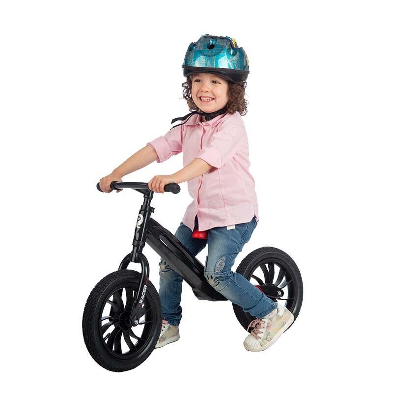 QPlay Bicicleta copii fara pedale Balance bike Racer negrurosu de la 3 ani pana la 30 kg cadru usor de magneziu reglabil sa comoda acoperita cu piele ecologica roti de cauciuc gonflabil