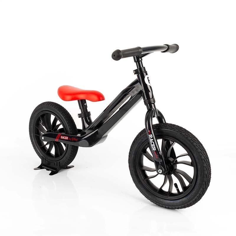 QPlay Bicicleta copii fara pedale Balance bike Racer negrurosu de la 3 ani pana la 30 kg cadru usor de magneziu reglabil sa comoda acoperita cu piele ecologica roti de cauciuc gonflabil
