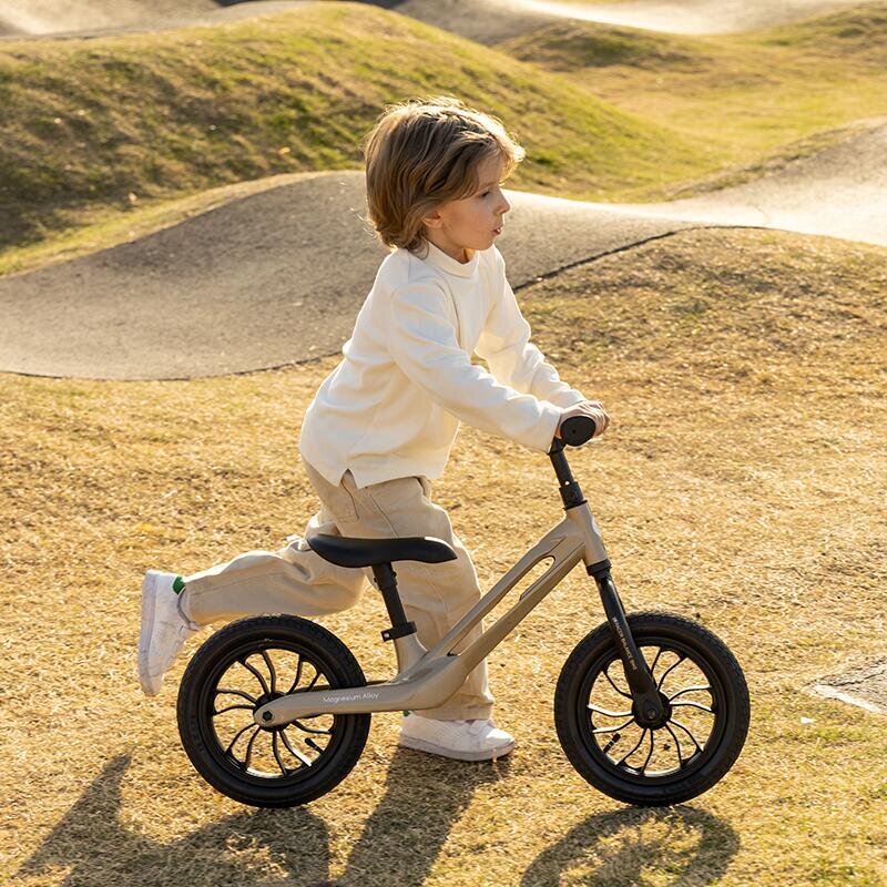 QPlay Bicicleta copii fara pedale Balance bike Racer Platinum de la 3 ani pana la 30 kg cadru usor de magneziu reglabil sa comoda acoperita cu piele ecologica roti de cauciuc gonflabil