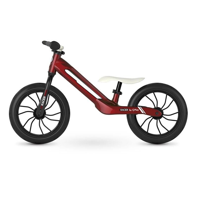 QPlay Bicicleta copii fara pedale Balance bike Racer Rosu de la 3 ani pana la 30 kg cadru usor de magneziu reglabil sa comoda acoperita cu piele ecologica roti de cauciuc gonflabil