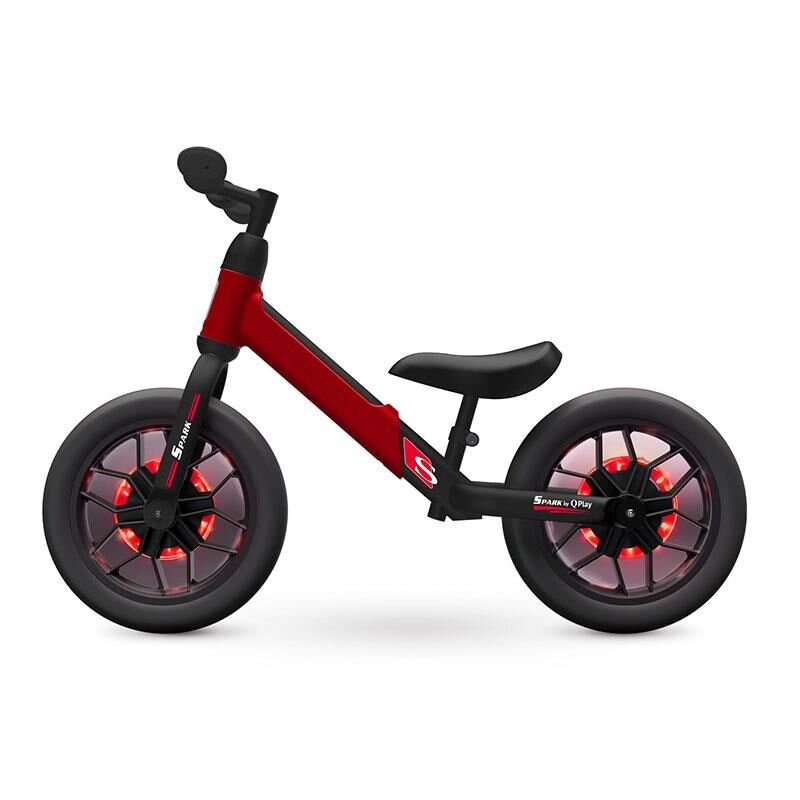 QPlay Bicicleta copii fara pedale Balance bike Spark Rosu 12 inch de la 3 ani pana la 30 kg iluminare LED la roti ghidon ajustabil cu mansoane anti-alunecare sa ajustabila pe inaltime roti de cauciuc