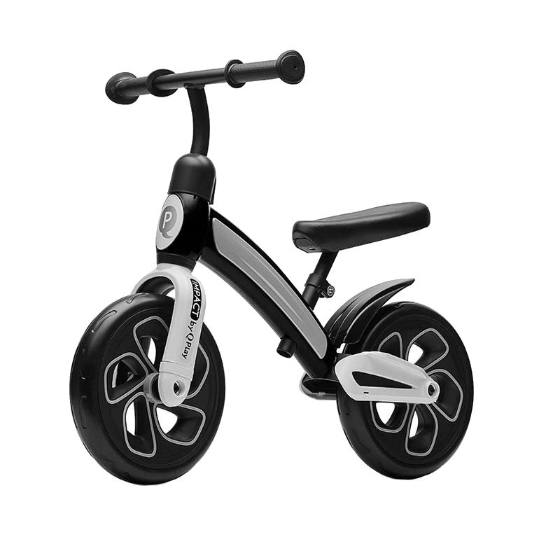 QPlay Bicicleta copii fara pedale Impact Negru 10 inch de la 2 ani pana la 30 kg roti din spuma EVA limitator de viraj scaun reglabil pe inaltime inaltimea recomandata 50-90 cm greutatea maxima suportata 30 kg