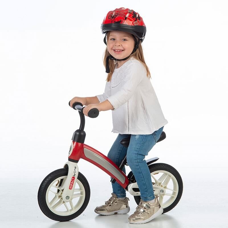 QPlay Bicicleta copii fara pedale Impact Rosu 10 inch de la 2 ani pana la 30 kg roti din spuma EVA limitator de viraj scaun reglabil pe inaltime inaltimea recomandata 50-90 cm greutatea maxima suportata 30 kg