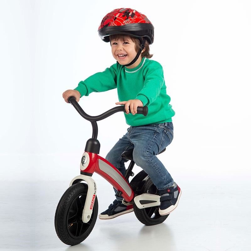 QPlay Bicicleta copii fara pedale Impact Rosu 10 inch de la 2 ani pana la 30 kg roti din spuma EVA limitator de viraj scaun reglabil pe inaltime inaltimea recomandata 50-90 cm greutatea maxima suportata 30 kg
