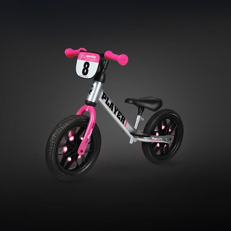 QPlay Bicicleta copii fara pedale pentru copii Roz sa reglabila si cadru otel roti rezistente de spuma cu lumini LED activate de miscare suport de picioare generos varsta 3-6 ani