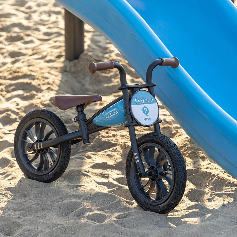 QPlay Bicicleta fara pedale Feduro Albastru Balance bike roti 12 inch gonflabile sa ajustabila din piele ecologica varsta 3-6 ani