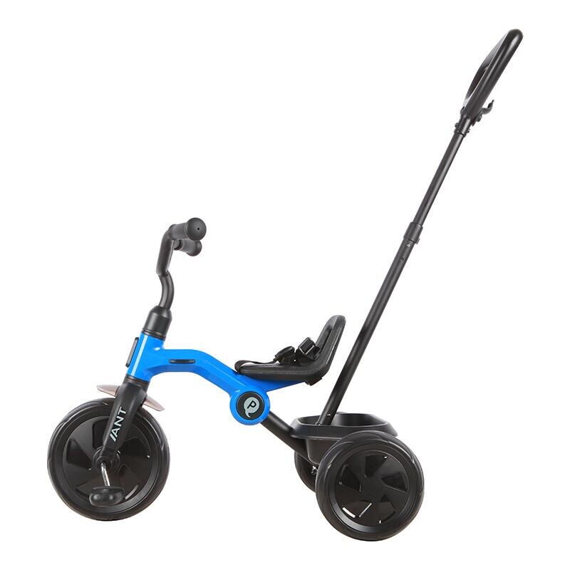 QPlay Tricicleta pentru copii Ant Plus Albastru navy cu roti din spuma EVA pliere compacta cosulet pentru jucarii de la 2 ani pana la 25 kg