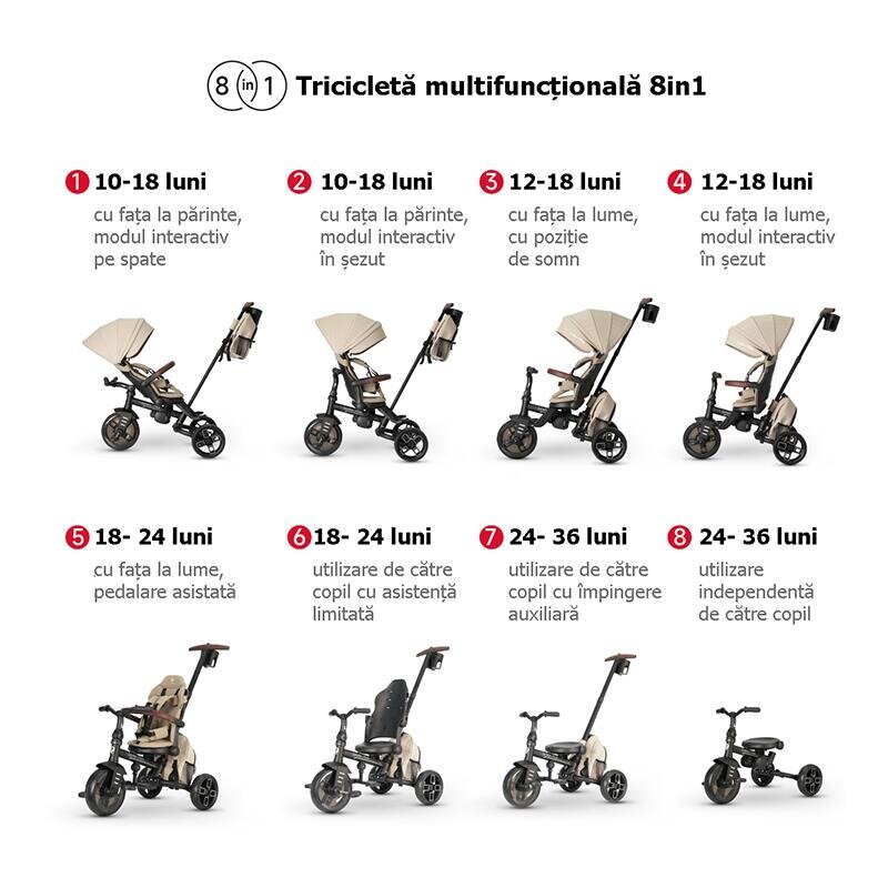 QPlay Tricicleta pentru copii Comfo Max Bej ultrapliabila scaun pivotant roti eva spatar reglabil