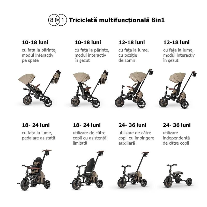 QPlay Tricicleta pentru copii Comfo Max Coffee ultrapliabila scaun pivotant roti eva spatar reglabil
