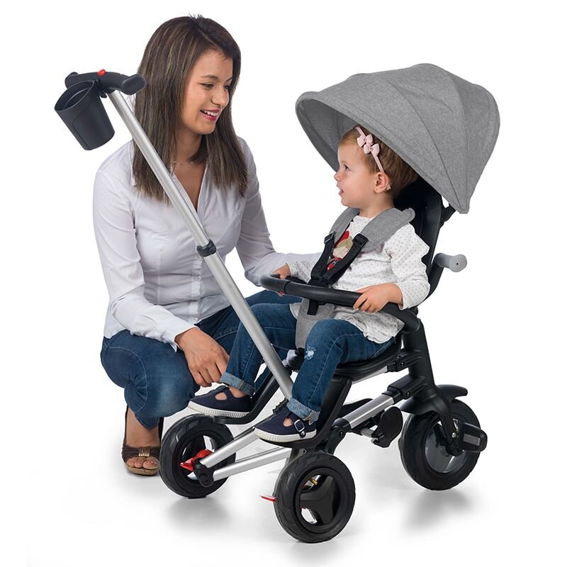 QPlay Tricicleta pentru copii Nova Gri ultrapliabila roti Eva cadru din aluminiu scaun rotativ sistem roata si ghidon liber varsta 10 luni+