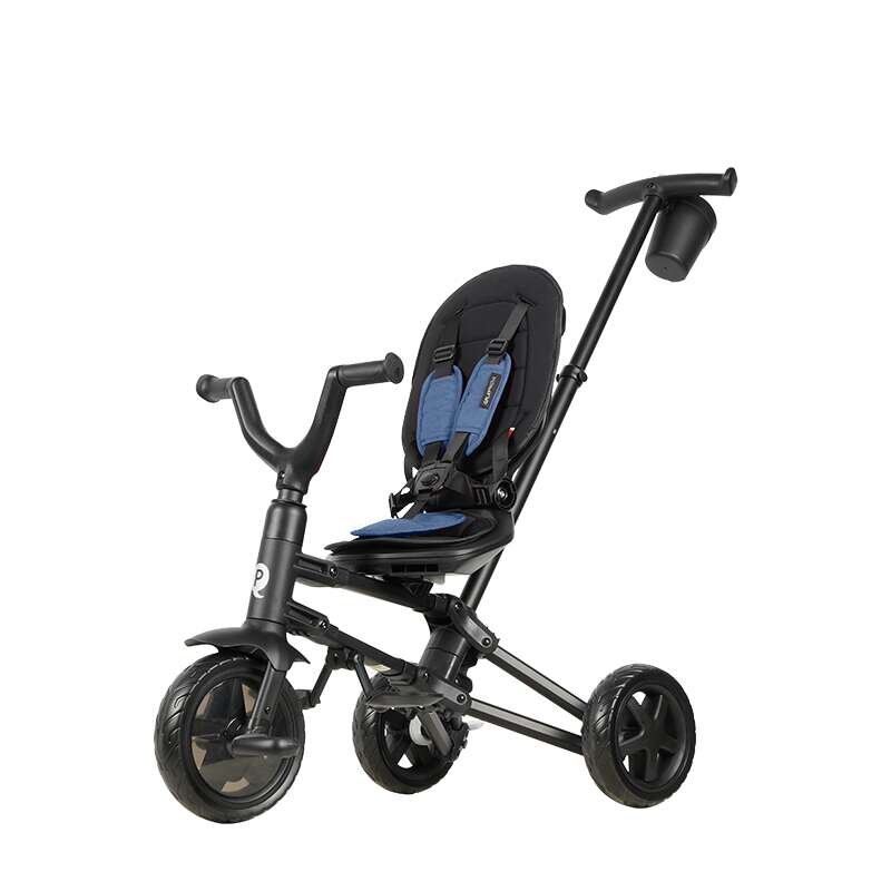 QPlay Tricicleta pentru copii Nova Niello Albastru ultrapliabila cu cadru din aluminiu sezut reversibil 360 spatar reglabil suport pentru picioare roti din cauciuc Eva de la 10 luni pana la 25 kg