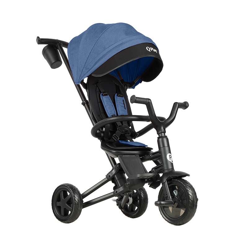 QPlay Tricicleta pentru copii Nova Niello Albastru ultrapliabila cu cadru din aluminiu sezut reversibil 360 spatar reglabil suport pentru picioare roti din cauciuc Eva de la 10 luni pana la 25 kg