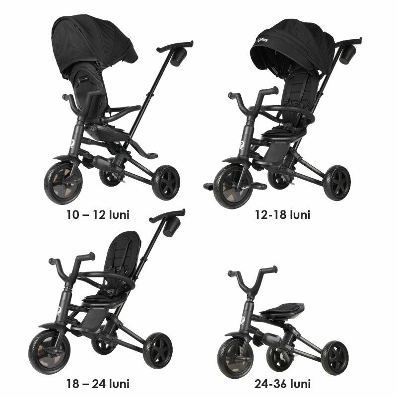 QPlay Tricicleta pentru copii Nova Niello Negru ultrapliabila cu cadru din aluminiu sezut reversibil 360 spatar reglabil suport pentru picioare roti din cauciuc Eva de la 10 luni pana la 25 kg