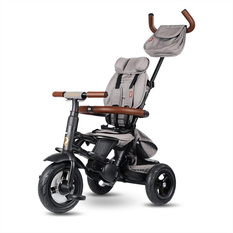 QPlay Tricicleta pentru copii Rito Deluxe gri pliabila cu scaun inalt matlasat ajustabil in 2 pozitii maner cu control al directiei frana dubla copertina XXL detalii de piele ecologica