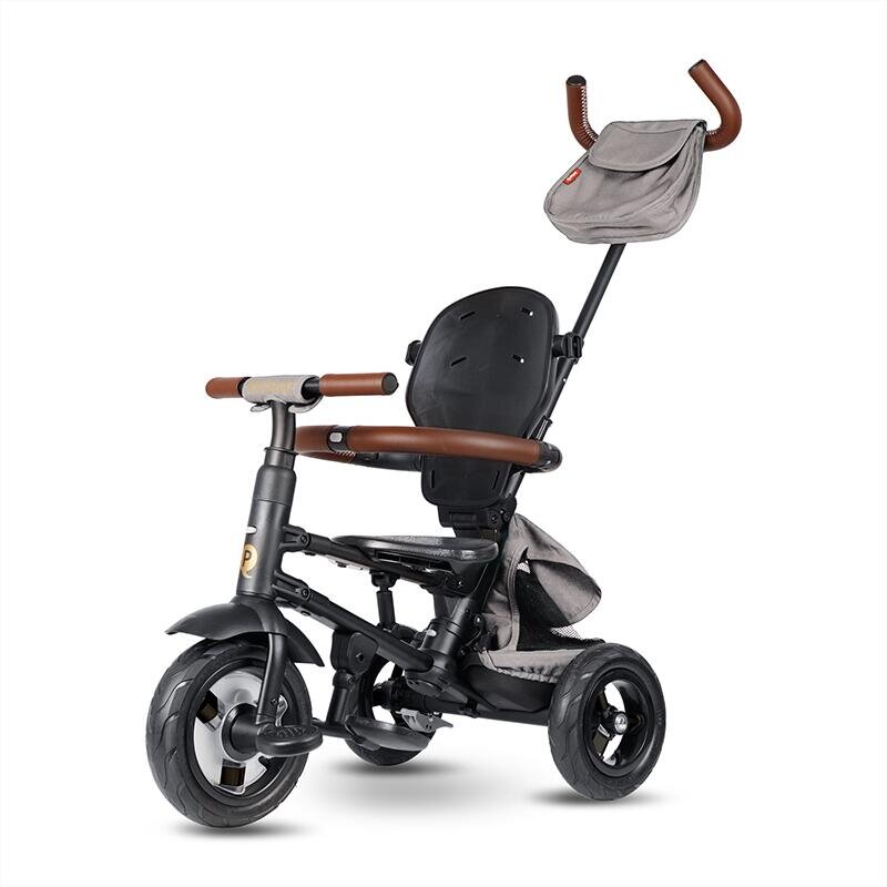 QPlay Tricicleta pentru copii Rito Deluxe gri pliabila cu scaun inalt matlasat ajustabil in 2 pozitii maner cu control al directiei frana dubla copertina XXL detalii de piele ecologica