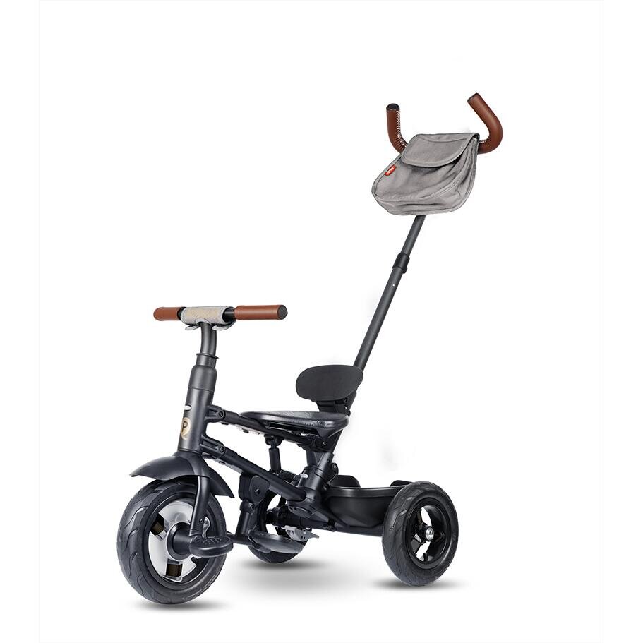 QPlay Tricicleta pentru copii Rito Deluxe gri pliabila cu scaun inalt matlasat ajustabil in 2 pozitii maner cu control al directiei frana dubla copertina XXL detalii de piele ecologica