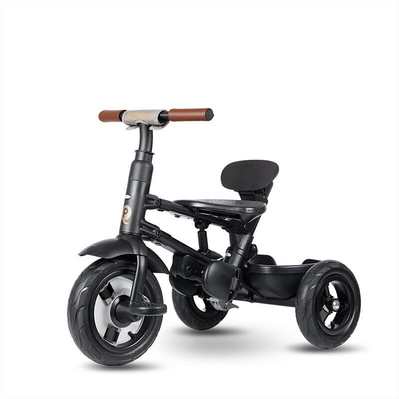 QPlay Tricicleta pentru copii Rito Deluxe gri pliabila cu scaun inalt matlasat ajustabil in 2 pozitii maner cu control al directiei frana dubla copertina XXL detalii de piele ecologica