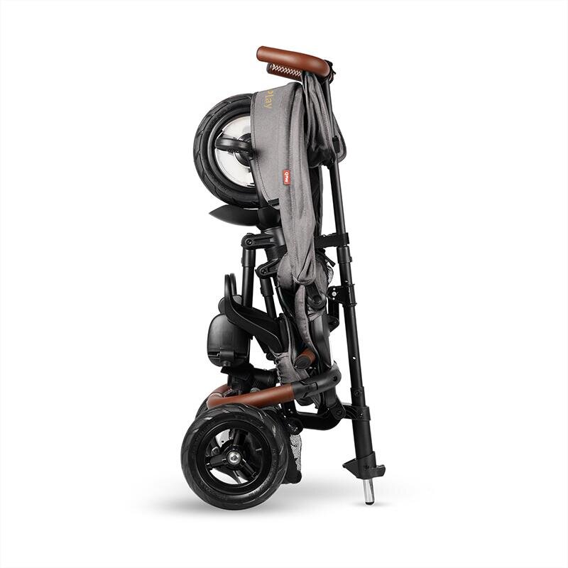QPlay Tricicleta pentru copii Rito Deluxe gri pliabila cu scaun inalt matlasat ajustabil in 2 pozitii maner cu control al directiei frana dubla copertina XXL detalii de piele ecologica