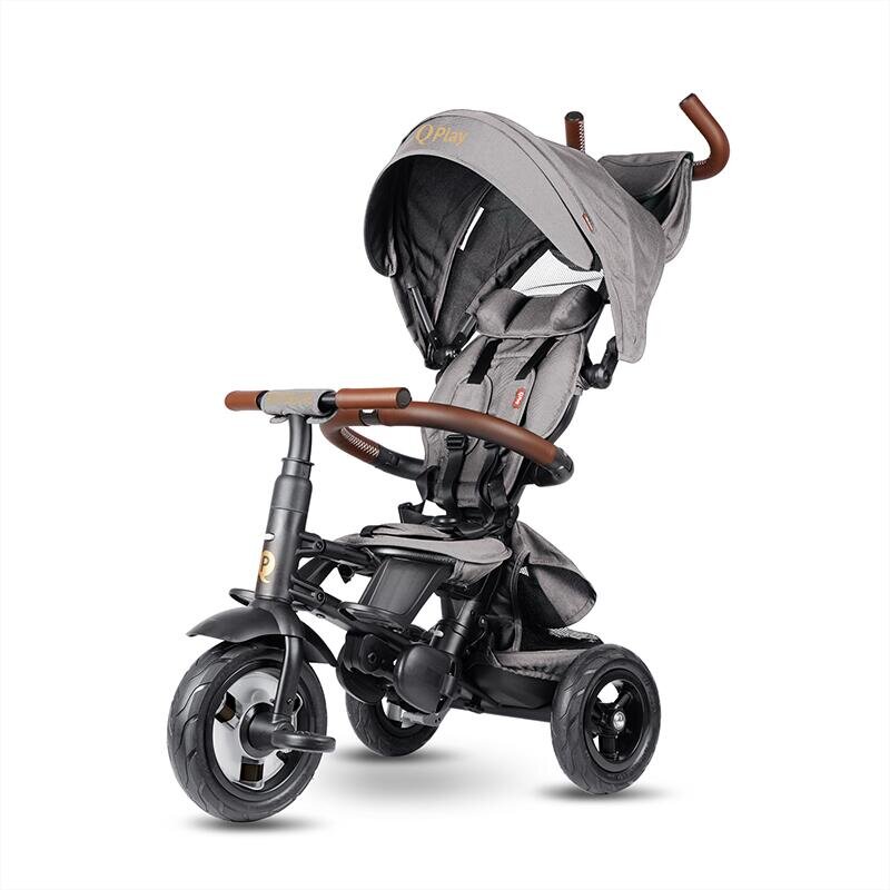 QPlay Tricicleta pentru copii Rito Deluxe gri pliabila cu scaun inalt matlasat ajustabil in 2 pozitii maner cu control al directiei frana dubla copertina XXL detalii de piele ecologica