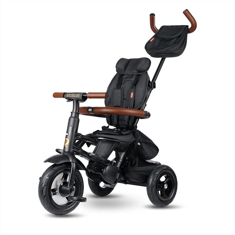 QPlay Tricicleta pentru copii Rito Deluxe negru pliabila cu scaun inalt matlasat ajustabil in 2 pozitii maner cu control al directiei frana dubla copertina XXL detalii de piele ecologica